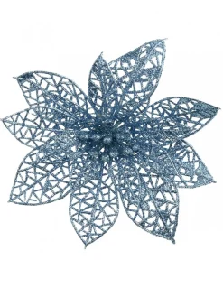 Outlet Christmas Warehouse Blue Glitter Netted Vein Leaf Poinsettia Decorative Christmas Flower Pick - 14Cm