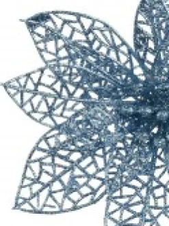 Outlet Christmas Warehouse Blue Glitter Netted Vein Leaf Poinsettia Decorative Christmas Flower Pick - 14Cm