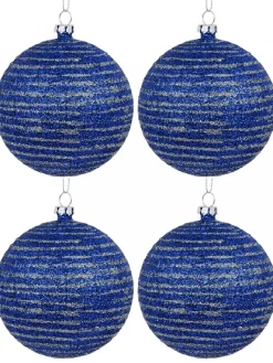 Outlet Christmas Warehouse Blue Glittered Christmas Baubles With Silver Glittered Stripes - 4 X 80Mm