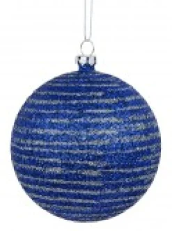 Outlet Christmas Warehouse Blue Glittered Christmas Baubles With Silver Glittered Stripes - 4 X 80Mm