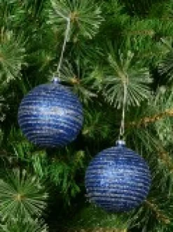 Outlet Christmas Warehouse Blue Glittered Christmas Baubles With Silver Glittered Stripes - 4 X 80Mm