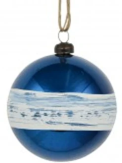 Online Christmas Warehouse Blue Gloss Christmas Bauble Decorations With Cream Stripe Band - 4 X 80Mm