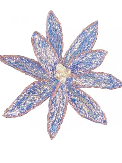 Discount Christmas Warehouse Blue Poinsettia With Iridescent Sequins & Pink Edges Flower Pick - 26Cm