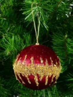 Fashion Christmas Warehouse Burgundy Velvet Bauble With Gold Christmas Tree Hanging Decoration - 10Cm