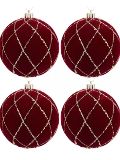 Clearance Christmas Warehouse Burgundy Velvet Baubles With Diamond Pattern Gold Sequin Lines - 4 X 10Cm