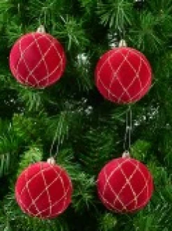 Clearance Christmas Warehouse Burgundy Velvet Baubles With Diamond Pattern Gold Sequin Lines - 4 X 10Cm