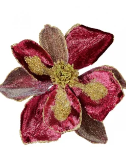 Best Sale Christmas Warehouse Burgundy With Gold Glitter Magnolia Decorative Christmas Flower Pick - 22Cm