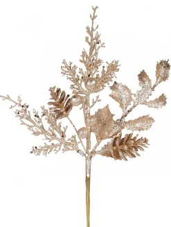Outlet Christmas Warehouse Champagne Glitter Mixed Foliage With Pinecone & Berries Christmas Pick - 28Cm
