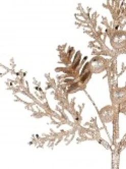 Outlet Christmas Warehouse Champagne Glitter Mixed Foliage With Pinecone & Berries Christmas Pick - 28Cm