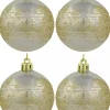 Sale Christmas Warehouse Champagne Pearl Baubles With Gold Glitter & White Stripes - 12 X 60Mm