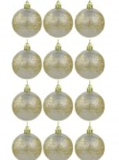 Sale Christmas Warehouse Champagne Pearl Baubles With Gold Glitter & White Stripes - 12 X 60Mm