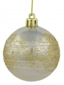 Sale Christmas Warehouse Champagne Pearl Baubles With Gold Glitter & White Stripes - 12 X 60Mm