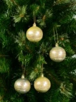 Sale Christmas Warehouse Champagne Pearl Baubles With Gold Glitter & White Stripes - 12 X 60Mm