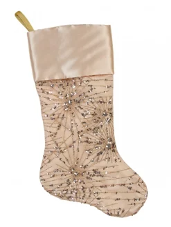 Best Sale Christmas Warehouse Champagne Satin With Sequin Starburst Pattern Christmas Stocking - 48Cm