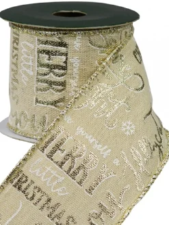Hot Christmas Warehouse Christmas Font On Natural Look Christmas Ribbon With Silver Edging - 3M