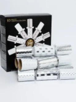 Cheap Christmas Warehouse Christmas Jingle Shiny Silver & White Tree & Dots Pattern Bon Bons - 10 X 34Cm