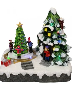 Cheap Christmas Warehouse Christmas Tree Scene With Kids & Elf With Led Lights & Animated Tree - 19Cm