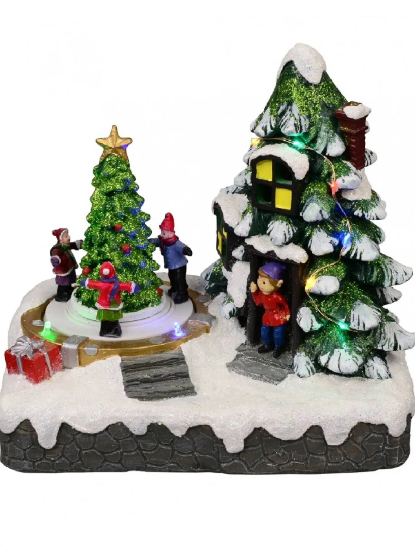 Cheap Christmas Warehouse Christmas Tree Scene With Kids & Elf With Led Lights & Animated Tree - 19Cm