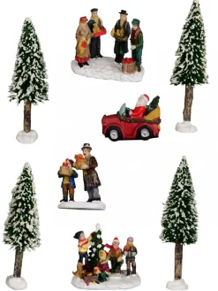 Online Christmas Warehouse Cruising Santa, Decorating Tree & Gift Giving Christmas Figurines - 8 Piece Set