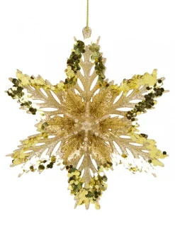 Cheap Christmas Warehouse 3D Gold Snowflake With Sequins Christmas Tree Hanging Decoration - 15Cm