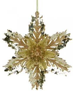 Fashion Christmas Warehouse 3D Gold Snowflake With Sequins Christmas Tree Hanging Decoration - 15Cm