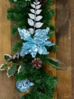 New Christmas Warehouse Decorated Blue Poinsettia, Pine Cone, Foliage & Baubles Pine Garland - 2.7M