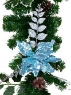 New Christmas Warehouse Decorated Blue Poinsettia, Pine Cone, Foliage & Baubles Pine Garland - 2.7M