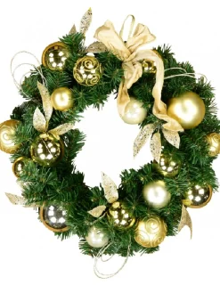 Flash Sale Christmas Warehouse Decorated Gold & Champagne Bauble, Leaf Stem & Bow Pine Wreath - 45Cm