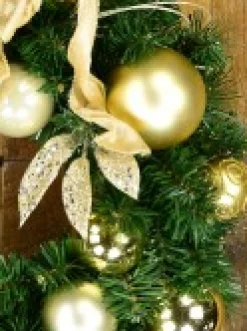 Flash Sale Christmas Warehouse Decorated Gold & Champagne Bauble, Leaf Stem & Bow Pine Wreath - 45Cm