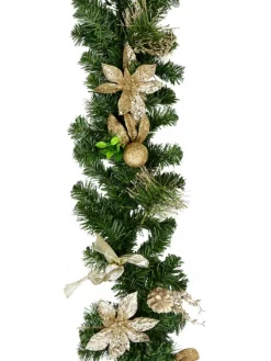 Cheap Christmas Warehouse Decorated Gold & Champagne Mixed Foliage & Floral Christmas Pine Garland - 1.8M
