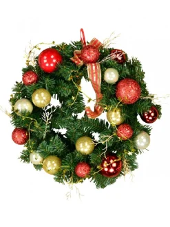 Cheap Christmas Warehouse Decorated Red & Gold Bauble, Ribbon & Twigs Pine Wreath - 44Cm