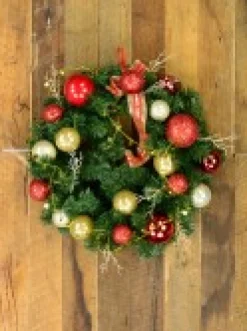 Cheap Christmas Warehouse Decorated Red & Gold Bauble, Ribbon & Twigs Pine Wreath - 44Cm
