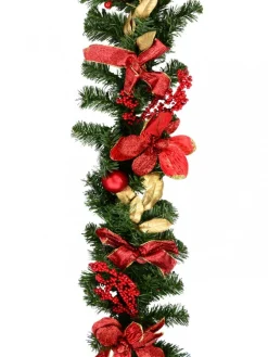 Best Christmas Warehouse Decorated Red Bauble, Berry & Poinsettia & Gold Leaf Pine Garland - 1.8M
