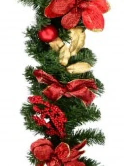 Best Christmas Warehouse Decorated Red Bauble, Berry & Poinsettia & Gold Leaf Pine Garland - 1.8M