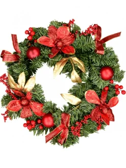 Cheap Christmas Warehouse Decorated Red Bauble, Berry & Poinsettia & Gold Leaf Pine Wreath - 40Cm