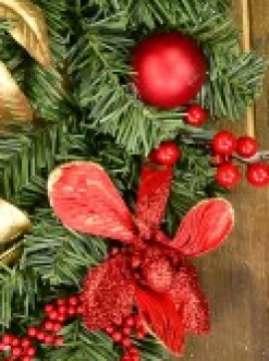 Cheap Christmas Warehouse Decorated Red Bauble, Berry & Poinsettia & Gold Leaf Pine Wreath - 40Cm