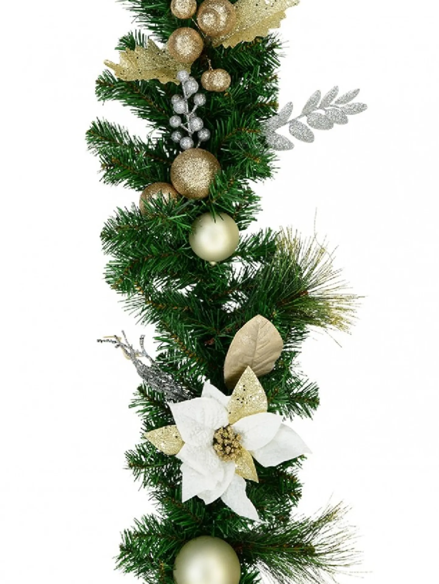Cheap Christmas Warehouse Decorated White Poinsettia, Mistletoe, Berries & Baubles Pine Garland - 2.3M