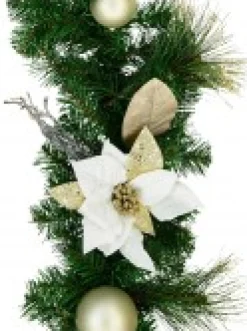Cheap Christmas Warehouse Decorated White Poinsettia, Mistletoe, Berries & Baubles Pine Garland - 2.3M