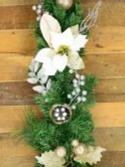 Cheap Christmas Warehouse Decorated White Poinsettia, Mistletoe, Berries & Baubles Pine Garland - 2.3M