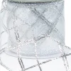 New Christmas Warehouse Diagonal Lines Pattern On Sheer Christmas Ribbon With Silver Edging - 3M