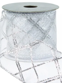 New Christmas Warehouse Diagonal Lines Pattern On Sheer Christmas Ribbon With Silver Edging - 3M