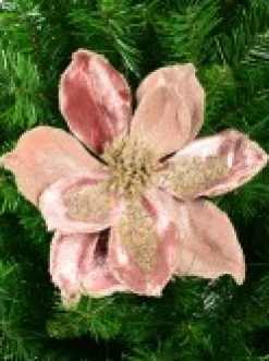 Flash Sale Christmas Warehouse Dusty Rose & Champagne Glitter Magnolia Christmas Flower Pick - 22Cm