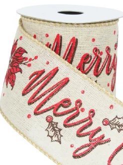 Best Sale Christmas Warehouse Font & Floral Pattern On Mesh Fabric Christmas Ribbon With Natural Edging - 3M