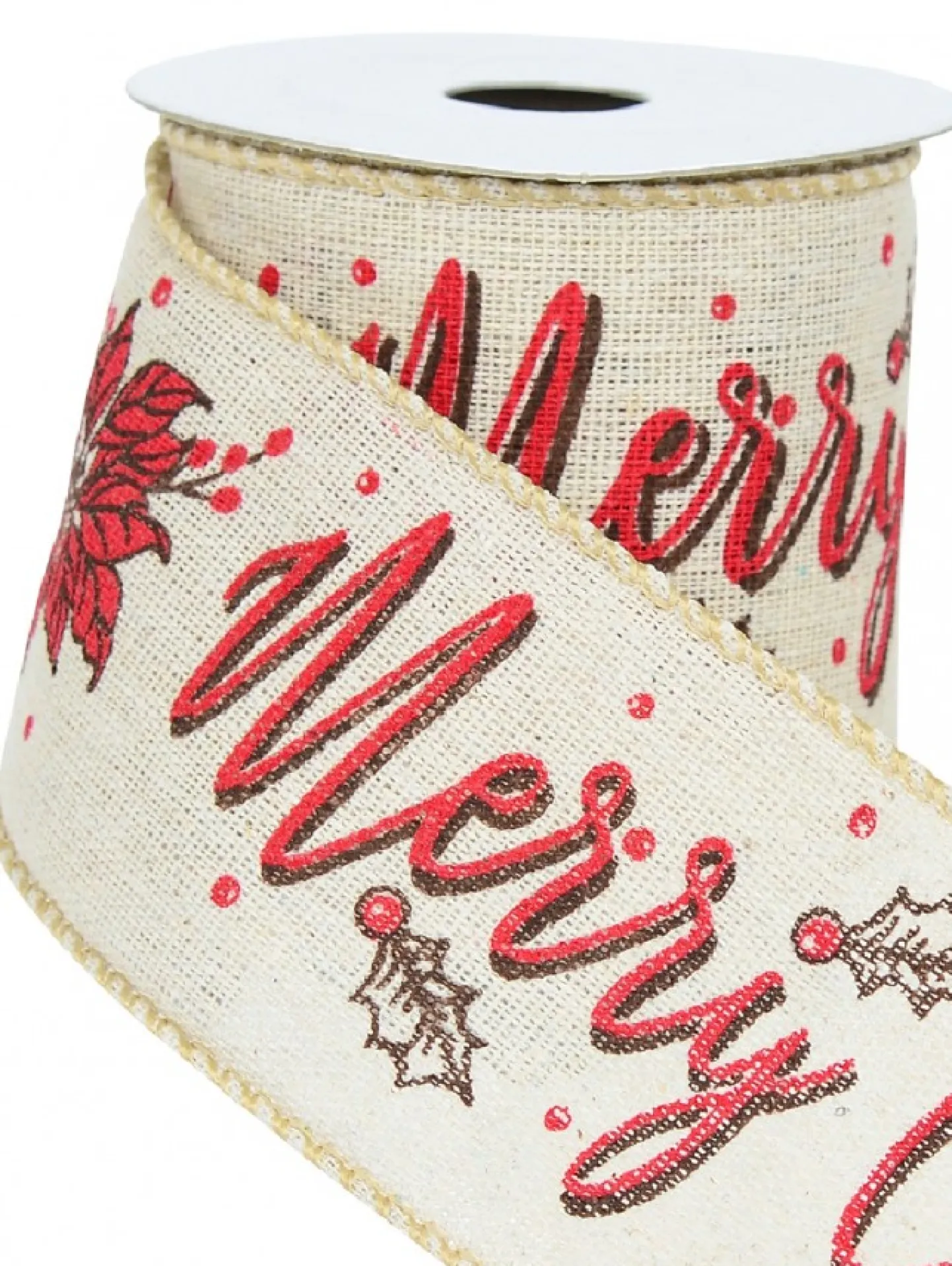 Best Sale Christmas Warehouse Font & Floral Pattern On Mesh Fabric Christmas Ribbon With Natural Edging - 3M