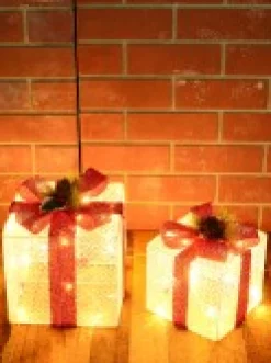 Shop Christmas Warehouse Glittered White Mesh 3D Gift Boxes With Bow & Warm White Led Lights - 30Cm