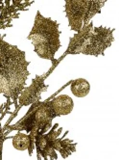 Cheap Christmas Warehouse Gold Glitter Mixed Foliage With Pine Cone & Berries Christmas Spray Pick - 28Cm