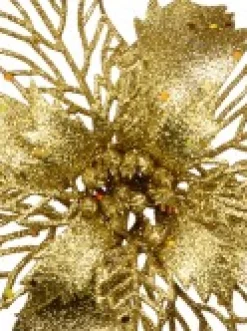 Best Christmas Warehouse Gold Glitter Petal & Leaf Poinsettia Decorative Christmas Flower Pick - 18Cm