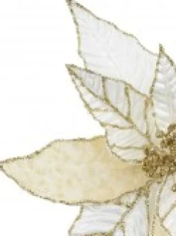 Clearance Christmas Warehouse Gold Glittered White & Cream Poinsettia Decorative Christmas Flower Pick - 28Cm