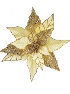 Best Sale Christmas Warehouse Gold Poinsettia With Gold Glitter Detail Decorative Christmas Flower Pick - 25Cm