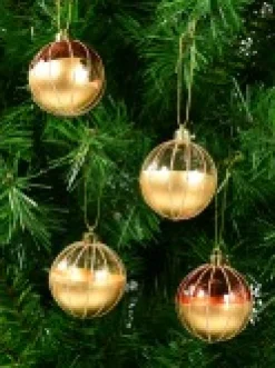 Discount Christmas Warehouse Gold With Rose Gold Or Clear & Gold Glitter Lines Christmas Baubles - 4 X 80Mm
